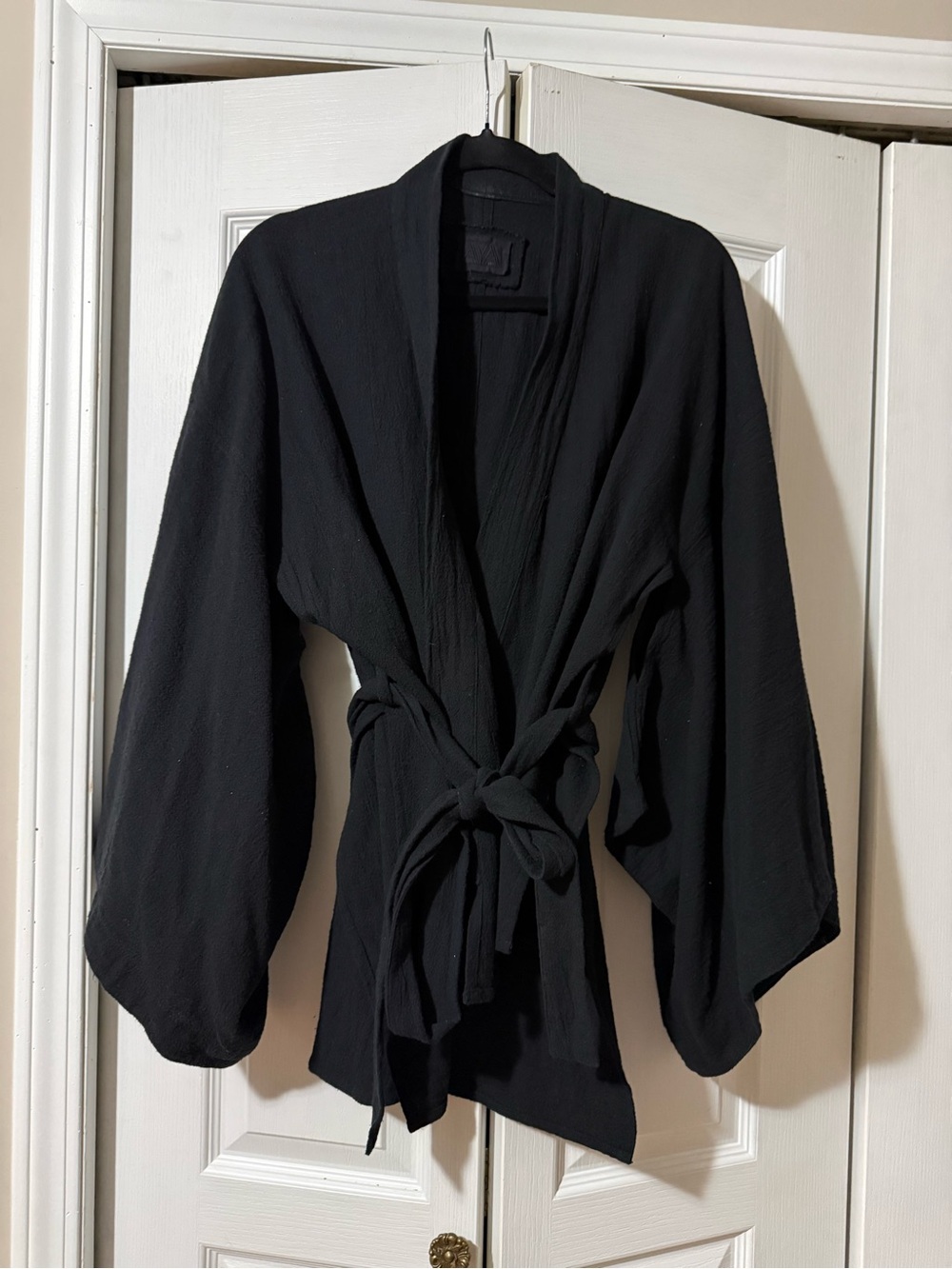 AYA Sacred Wear Black Handspun Cotton Short Kimono Top with Belt - OS
